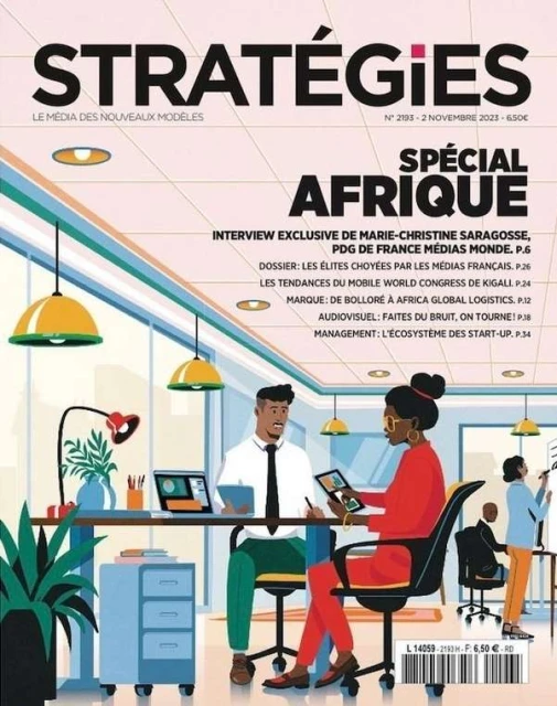 Magazine cover with vector illustration of two business colleagues working at a desk, promoting 'Special Afrique' edition.
