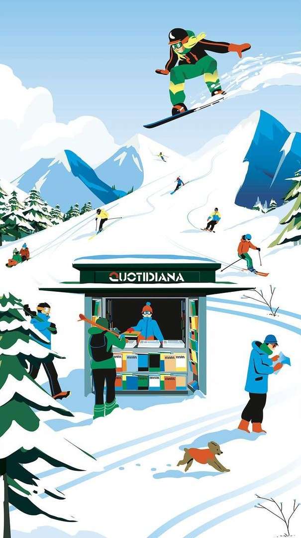 Colorful cartoon illustration of a winter scene featuring skiers, a snowboarder, a newsstand, snowy mountains, and pine trees.