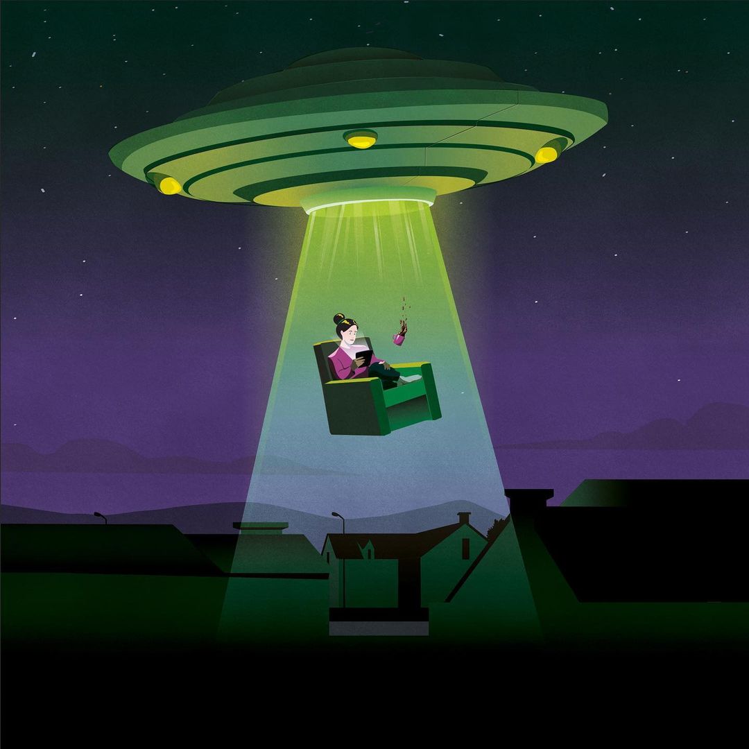 Illustration shows woman in armchair being abducted by UFO with green light beam shining over a suburban neighbourhood at night.