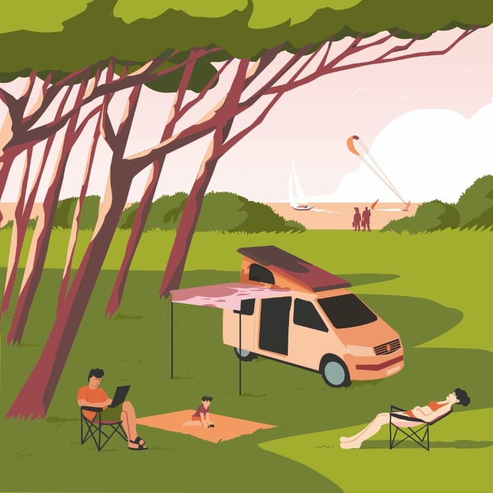 Illustration of a family camping near the ocean with a camper van, trees, two adults relaxing, and a child playing on a sunny day.