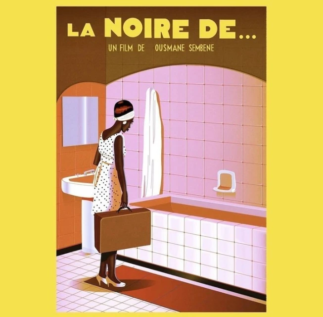 Illustration of a woman in a vintage style bathroom holding a suitcase, evoking retro travel and fashion themes with a cinematic feel.