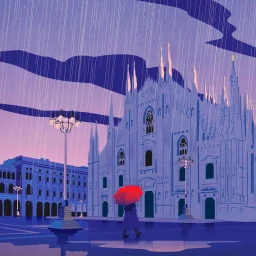 Illustration by Giordano Poloni of a lone figure walking with a red umbrella past a grand cathedral in the rain.