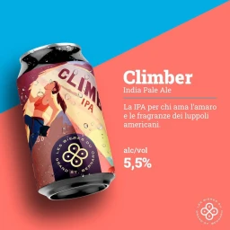 Illustration of a beer can featuring a climber graphic against a coral pink and blue background with water droplets