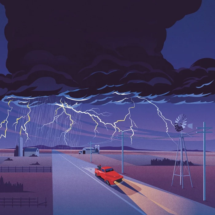 Illustration of a red pickup truck driving down a rural highway beneath a dark stormy night sky with multiple lightning bolts.