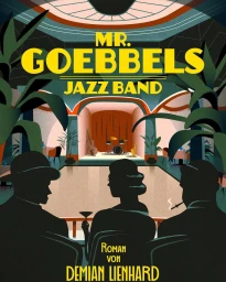 Illustrated vintage jazz club scene with silhouetted audience members watching a stage with a drum kit.