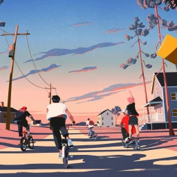 Illustration by Giordano Poloni showing four people riding bicycles down a suburban street at sunset with warm pastel skies.