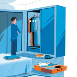 Illustration by Giordano Poloni of a man standing before a large blue wardrobe in a bedroom with a cat near an open suitcase