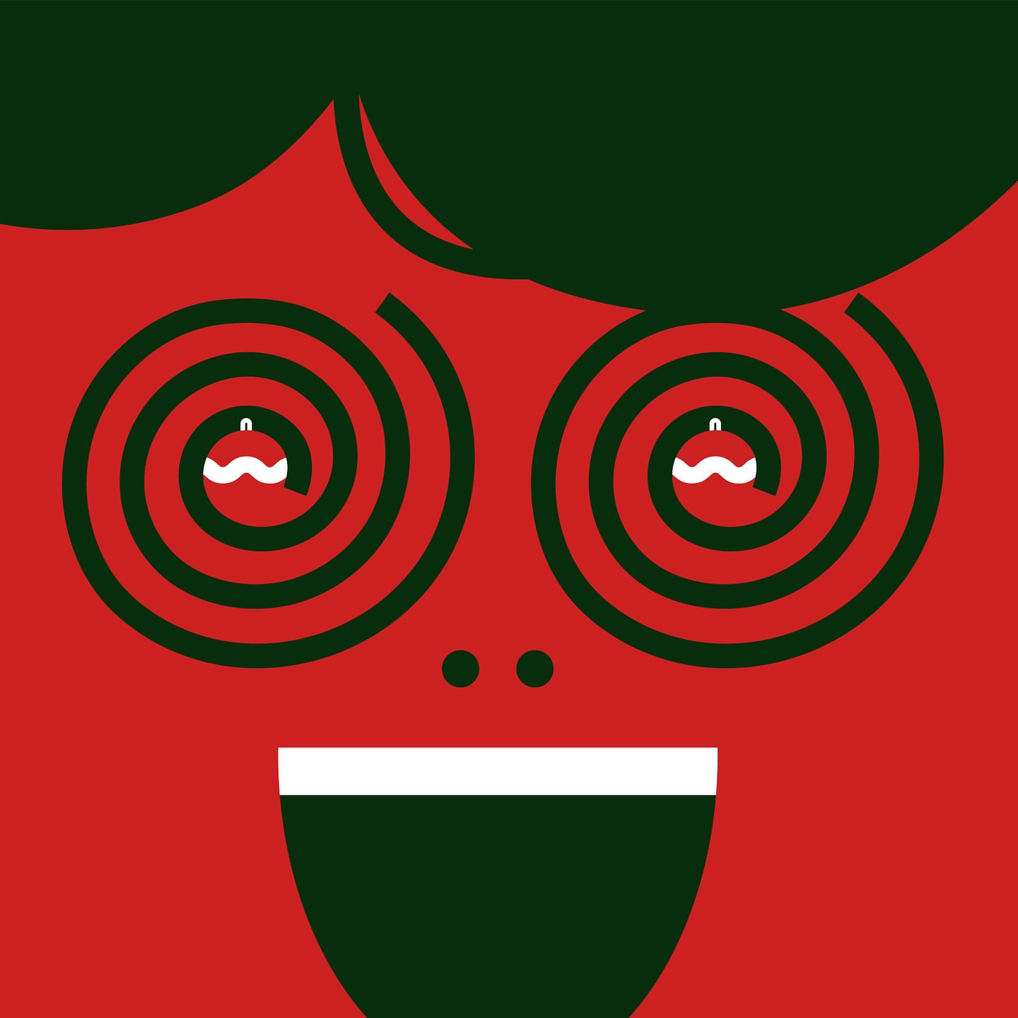 Whimsical graphic illustration of a red face with spiral eyes containing ornament details and a wide, toothy smile on a red background.