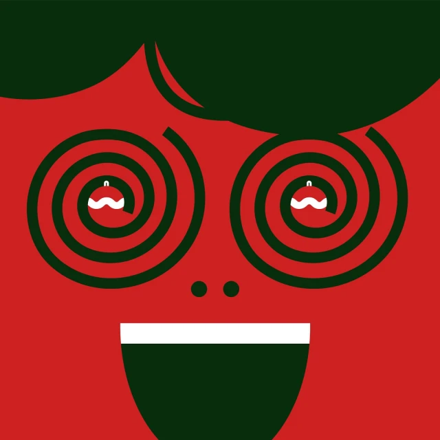 Whimsical graphic illustration of a red face with spiral eyes containing ornament details and a wide, toothy smile on a red background.