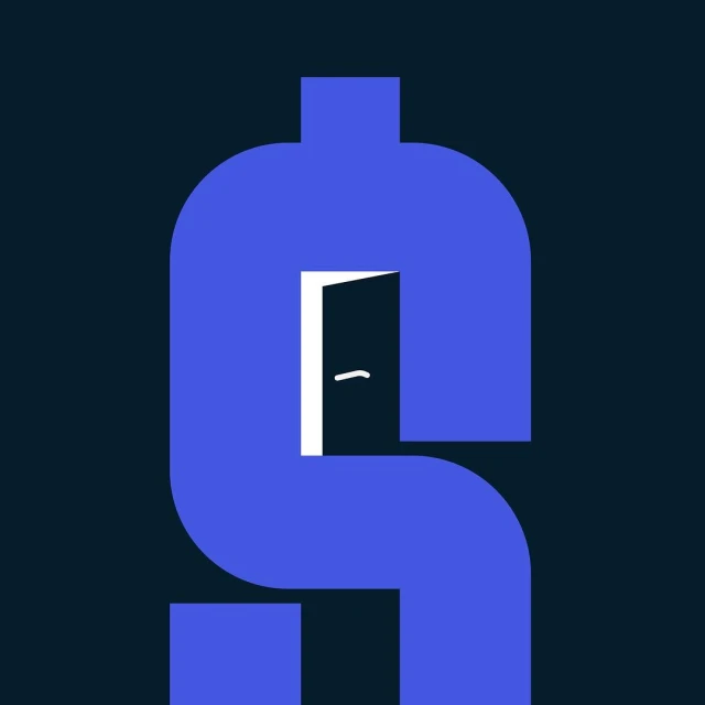 Graphical image of a blue dollar sign with a door in its center, set against a dark navy blue background, creating a finance metaphor.