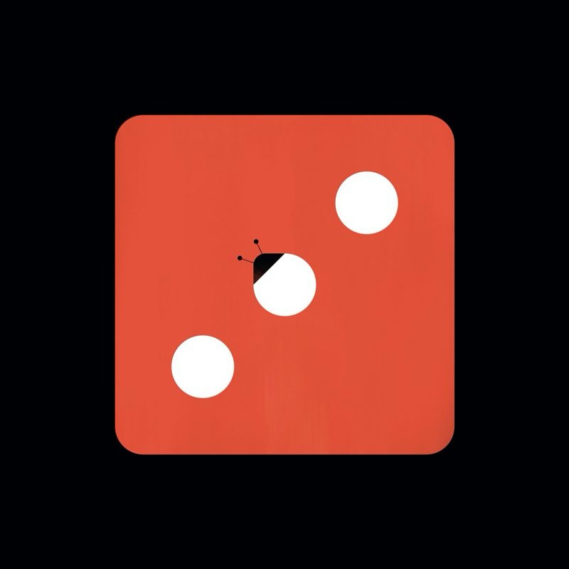 Conceptual art featuring a ladybug on a red die with three white dots against a black background, showcasing clean graphic design.
