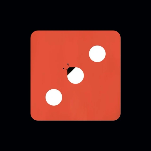 Conceptual art featuring a ladybug on a red die with three white dots against a black background, showcasing clean graphic design.