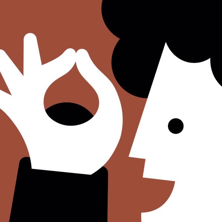 Stylized vector graphic of a person's profile with an OK hand gesture against a sienna-colored background, in a flat, geometric style.