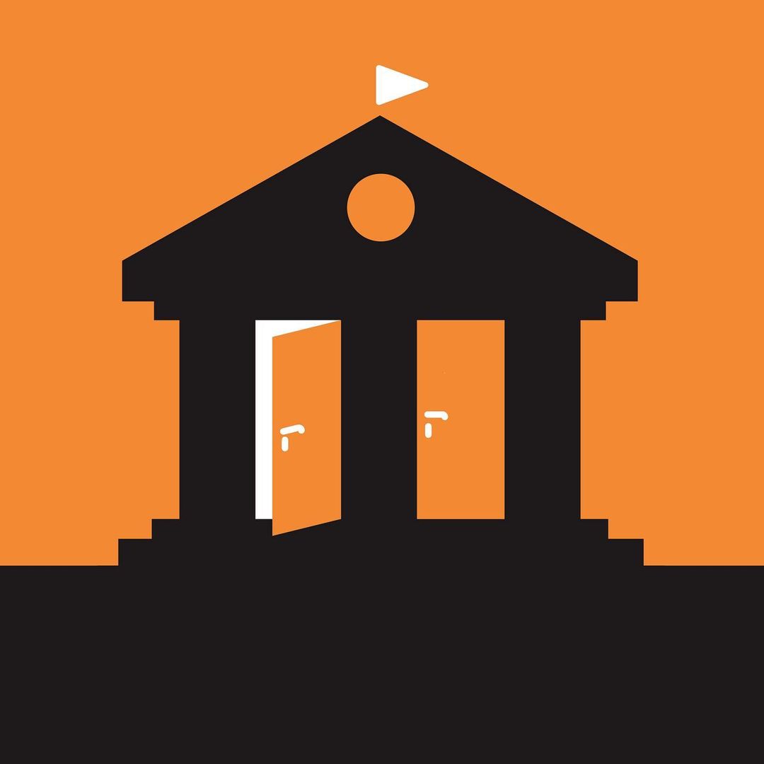 Architectural building icon with stairs, two doors, and a flag against an orange background in a simple graphic illustration.