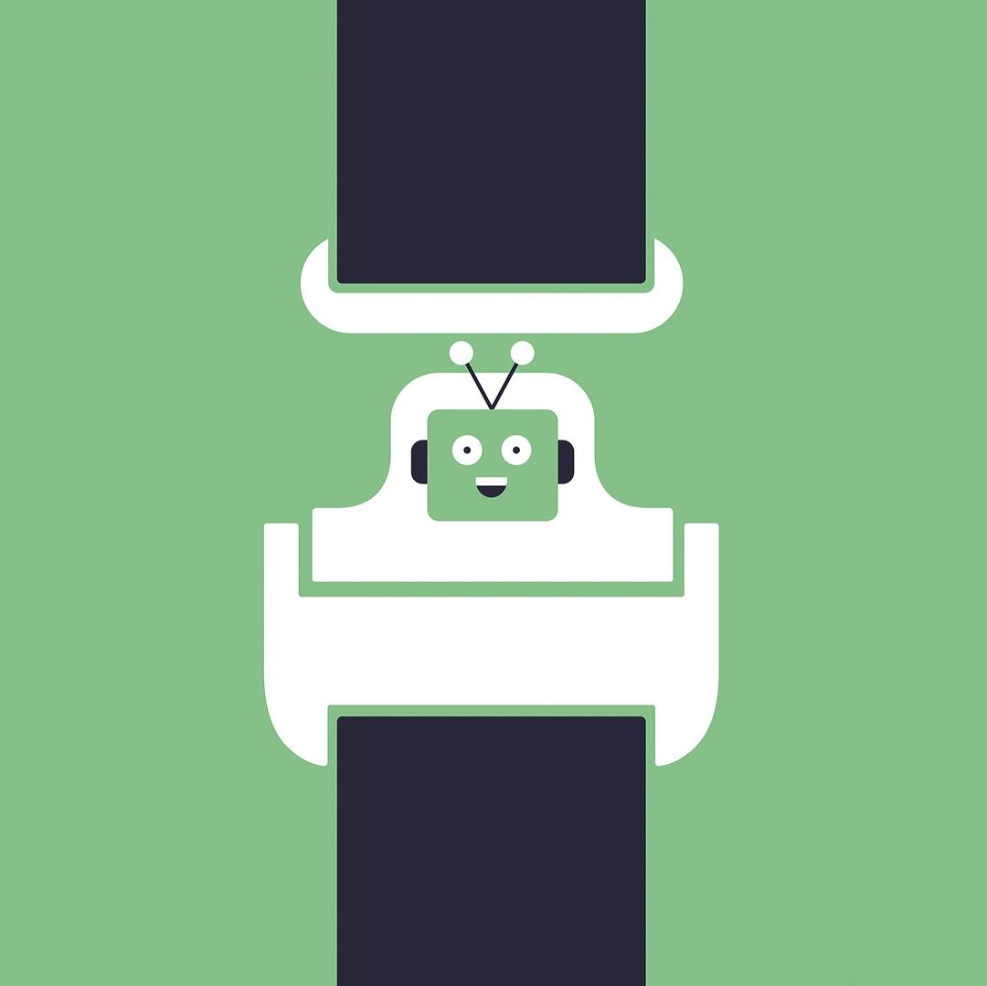 Illustration of a white robot character buckled in a seatbelt on a light green background, automotive safety concept art.