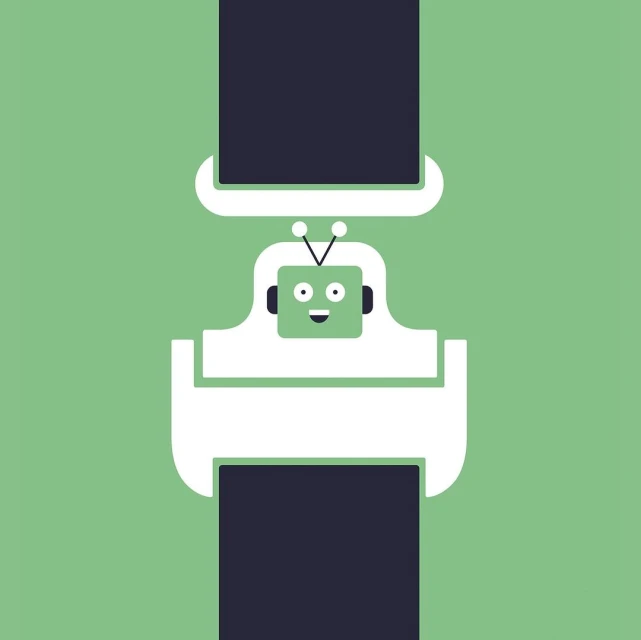Illustration of a white robot character buckled in a seatbelt on a light green background, automotive safety concept art.