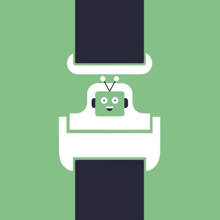 Illustration of a white robot character buckled in a seatbelt on a light green background, automotive safety concept art.