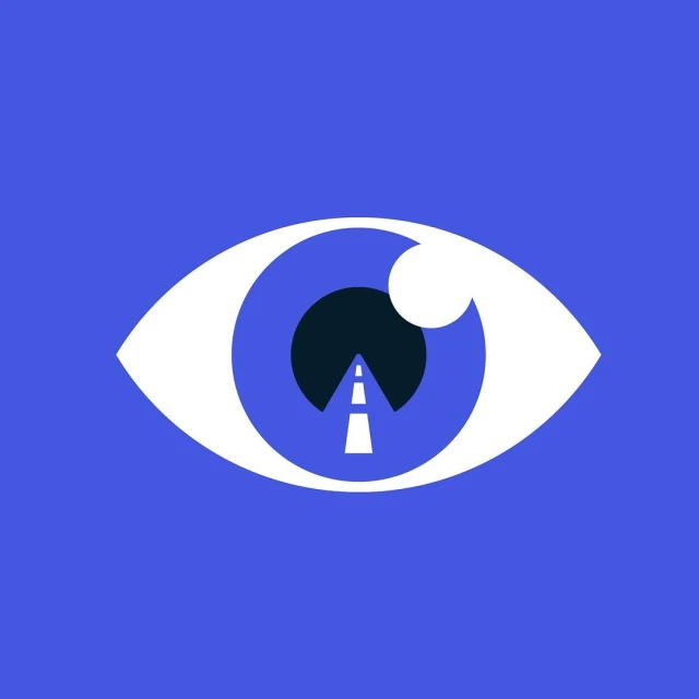 Abstract illustration of an eye with a road through the pupil on a blue background. Graphic design with symbolism and flat style.