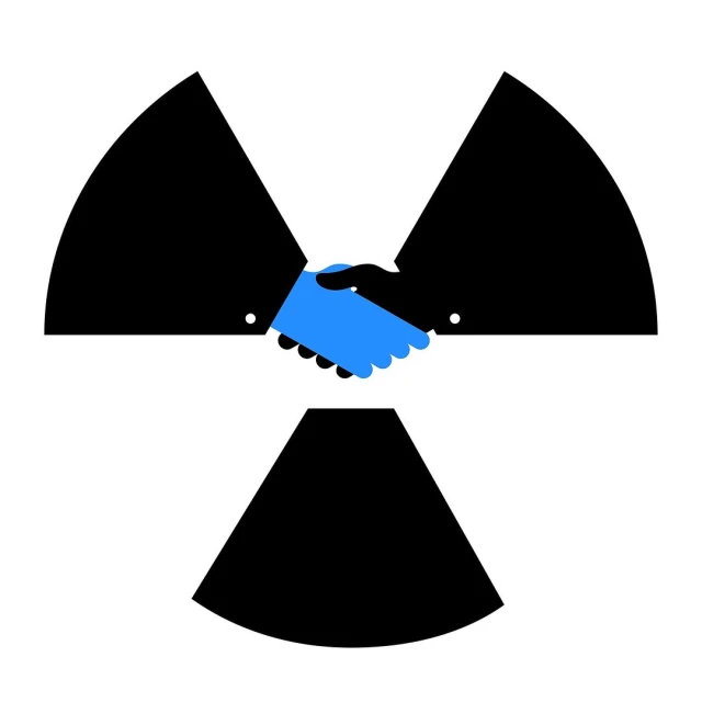Digital art of a blue handshake in front of a black radiation symbol on a white background, symbolizing nuclear peace.