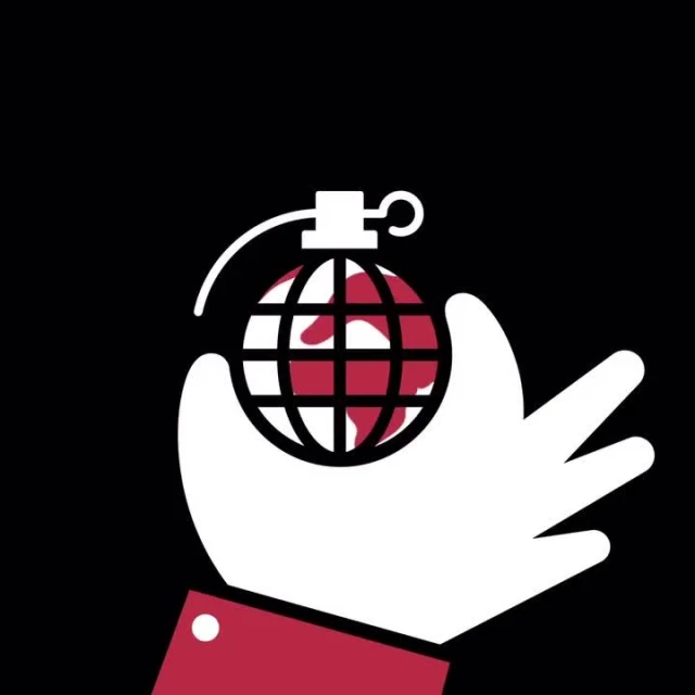 Illustration of a hand holding a grenade designed as a globe, against a stark black background in a vector style artwork.