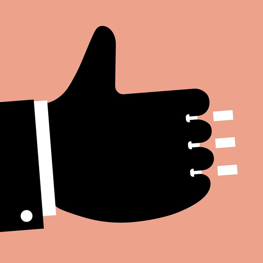 Illustration of a black hand wearing a suit, with the thumb up, against a peach-colored background, conveying a positive, thumbs-up gesture.