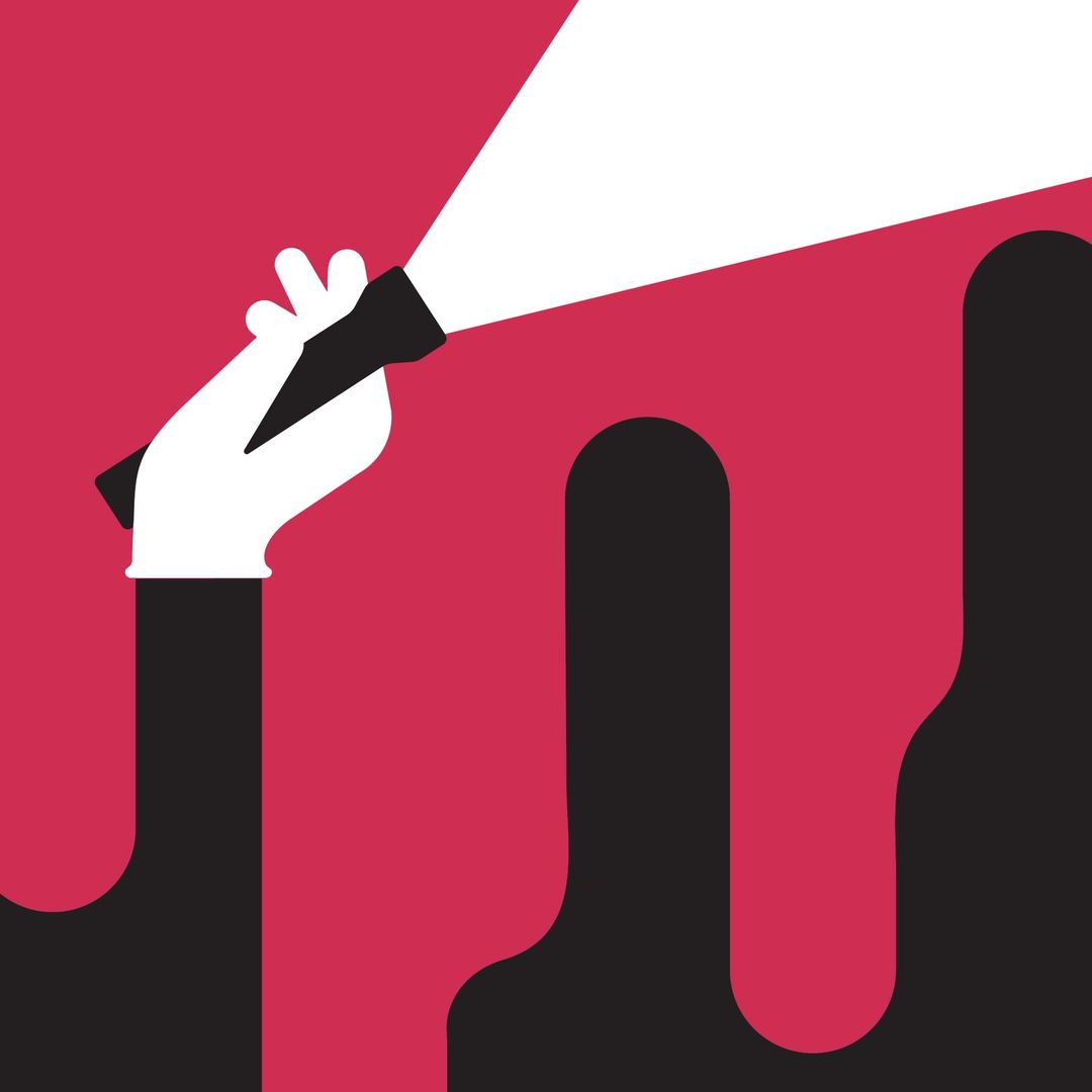 Abstract illustration featuring a hand in a white glove holding a flashlight, set against a pink background with black design elements.