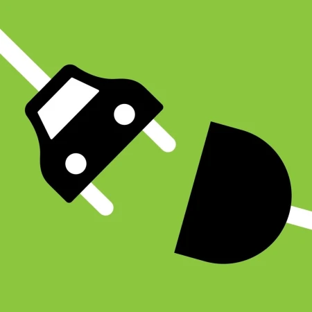 Illustration of an electric plug icon with a vehicle symbol against a green background, depicting electric vehicle charging.
