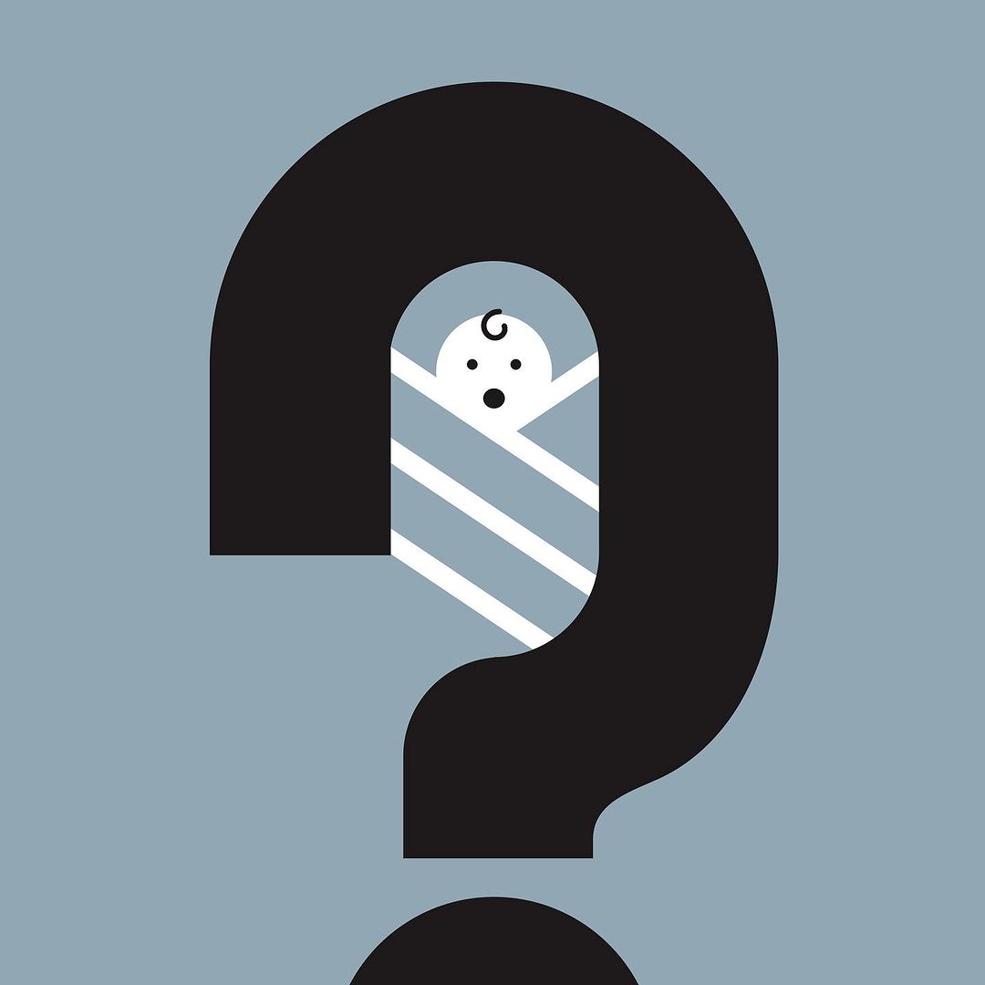 Illustration of a baby swaddled inside the negative space of a black question mark against a light gray background, graphic art.