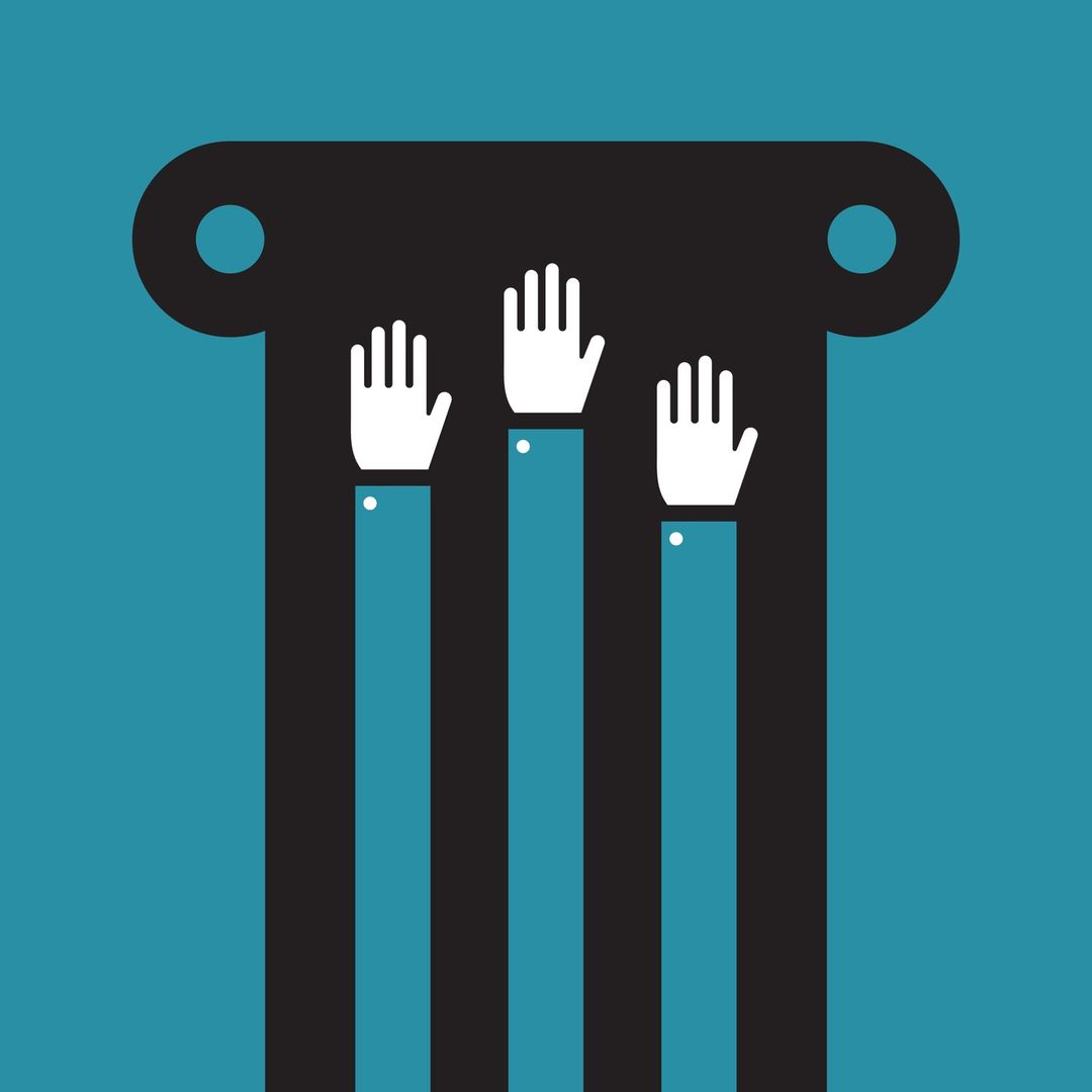Illustration of three hands raised with teal arms extending from a black column against a teal background in a vector style.
