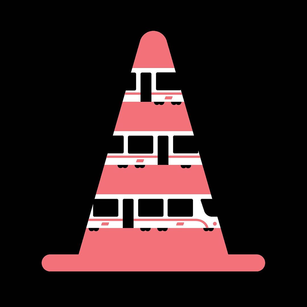 Graphic illustration of a traffic cone filled with trains. The traffic cone is pink and the train carriages are white and pink, set on a black background.
