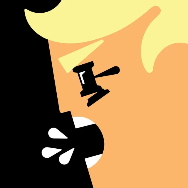 Graphic illustration of a screaming figure with a gavel eye and white saliva, set against a split black and orange background.