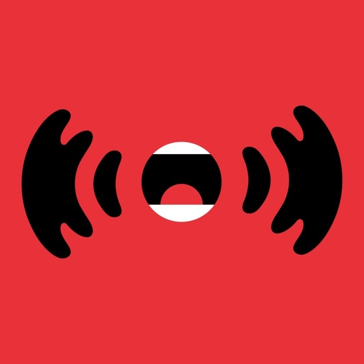 Graphic art illustration on a red background features a stylized open mouth with white teeth emitting black sound waves.