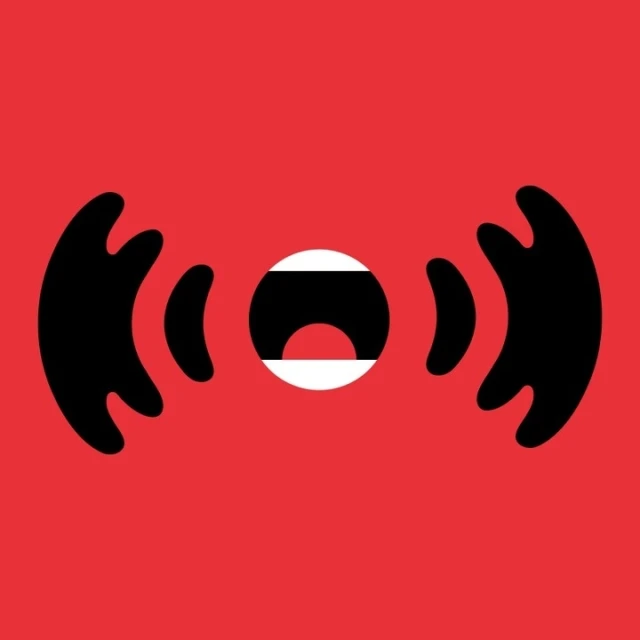 Graphic art illustration on a red background features a stylized open mouth with white teeth emitting black sound waves.