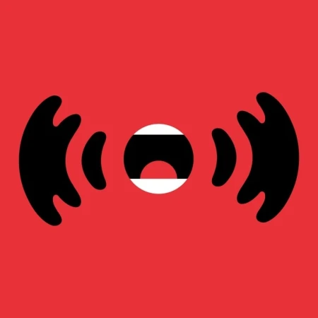 Graphic art illustration on a red background features a stylized open mouth with white teeth emitting black sound waves.