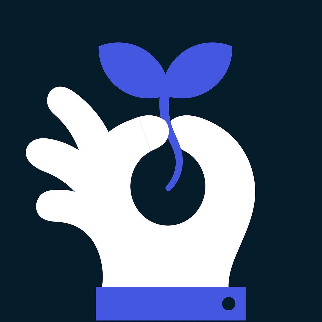 Illustration of a white hand holding a blue sprout against a dark blue background, symbolizing growth, care, and sustainability.