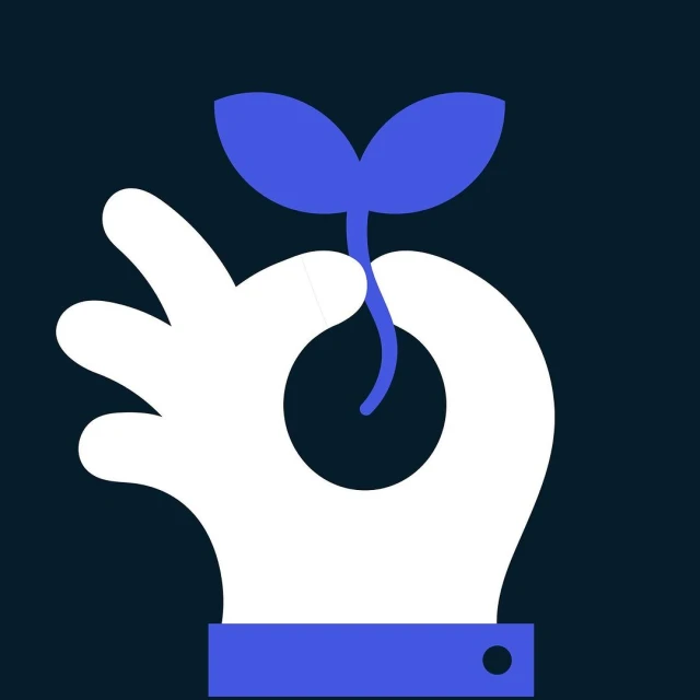 Illustration of a white hand holding a blue sprout against a dark blue background, symbolizing growth, care, and sustainability.