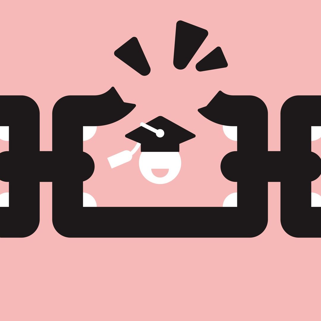 Black and white illustration of a graduation cap with a smile, connected to other shapes, all against a pale pink background.