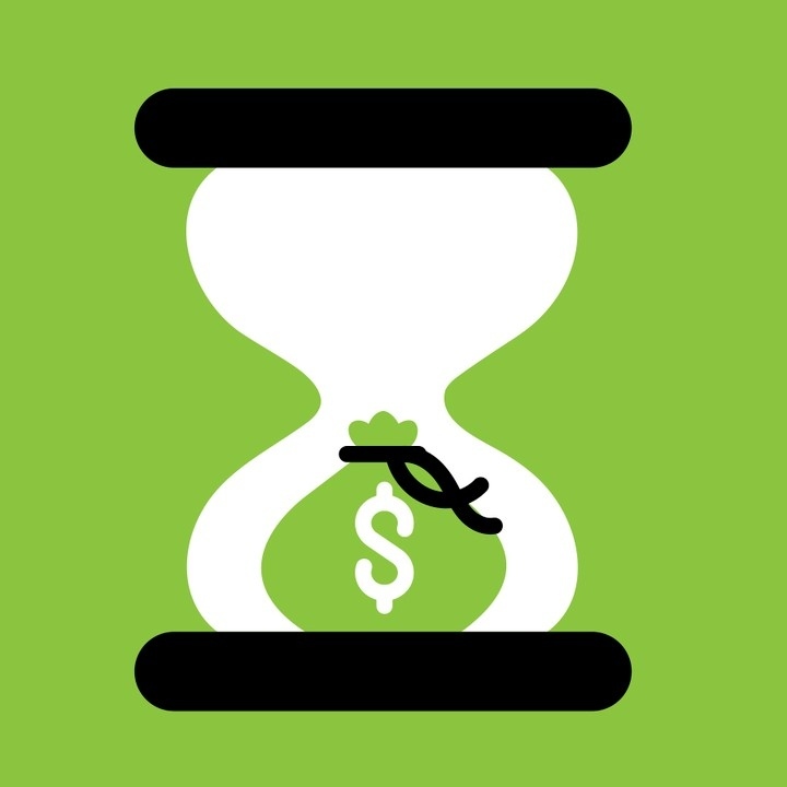 Illustration of an hourglass with a money bag inside, set against a green background, conveying a concept of time is money.