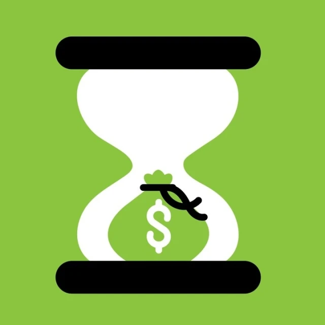 Illustration of an hourglass with a money bag inside, set against a green background, conveying a concept of time is money.