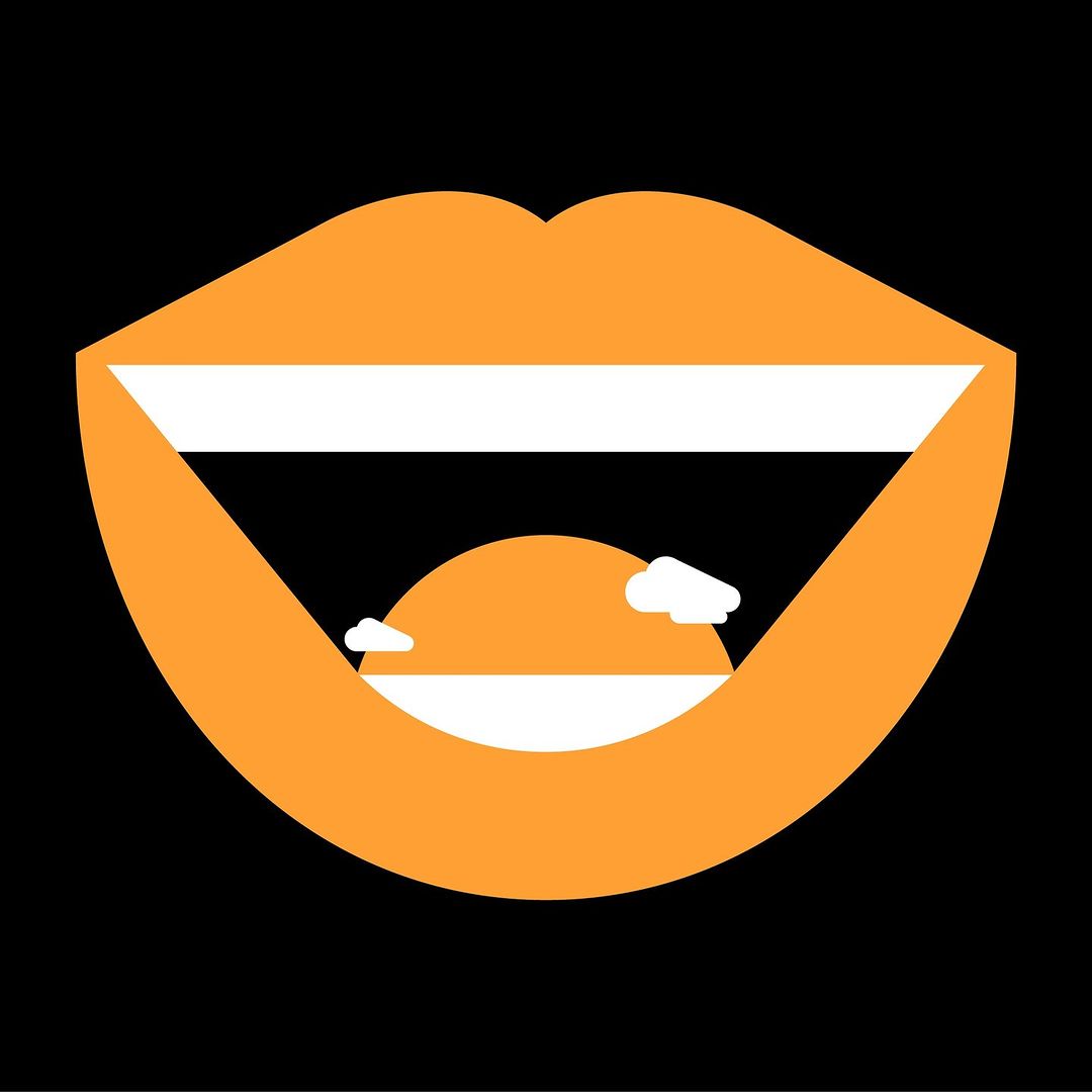 Abstract graphic art of orange open mouth with white teeth showing sunset scene and white clouds against a black background.
