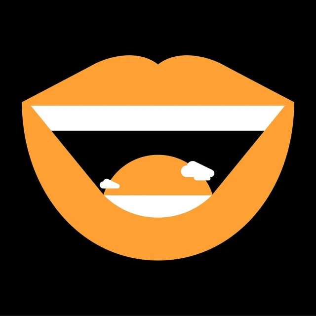 Abstract graphic art of orange open mouth with white teeth showing sunset scene and white clouds against a black background.