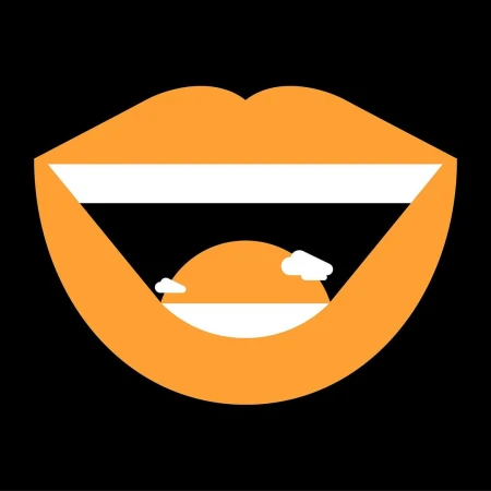 Abstract graphic art of orange open mouth with white teeth showing sunset scene and white clouds against a black background.