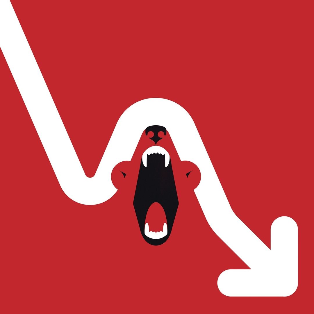 Stylized illustration of a red bear head with an open mouth below a white downward trending arrow, suggesting a market downturn.