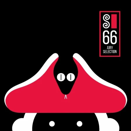 Minimalist vector art of a stylized snake wearing a red pirate hat set against a black background, accompanied by white text.