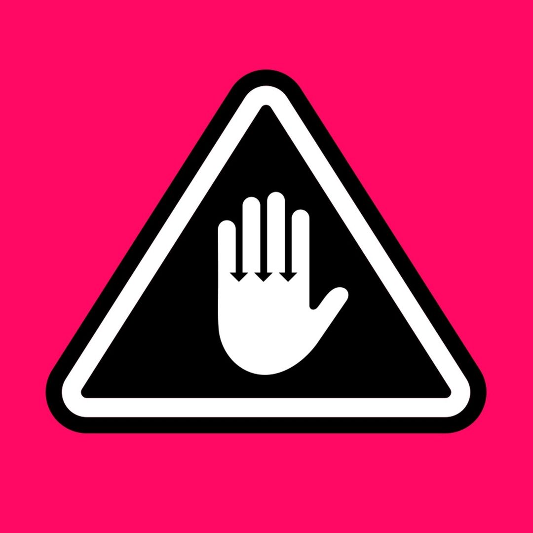 Warning sign with white hand graphic pointing downwards inside a black triangle on a hot pink background. Safety sign.