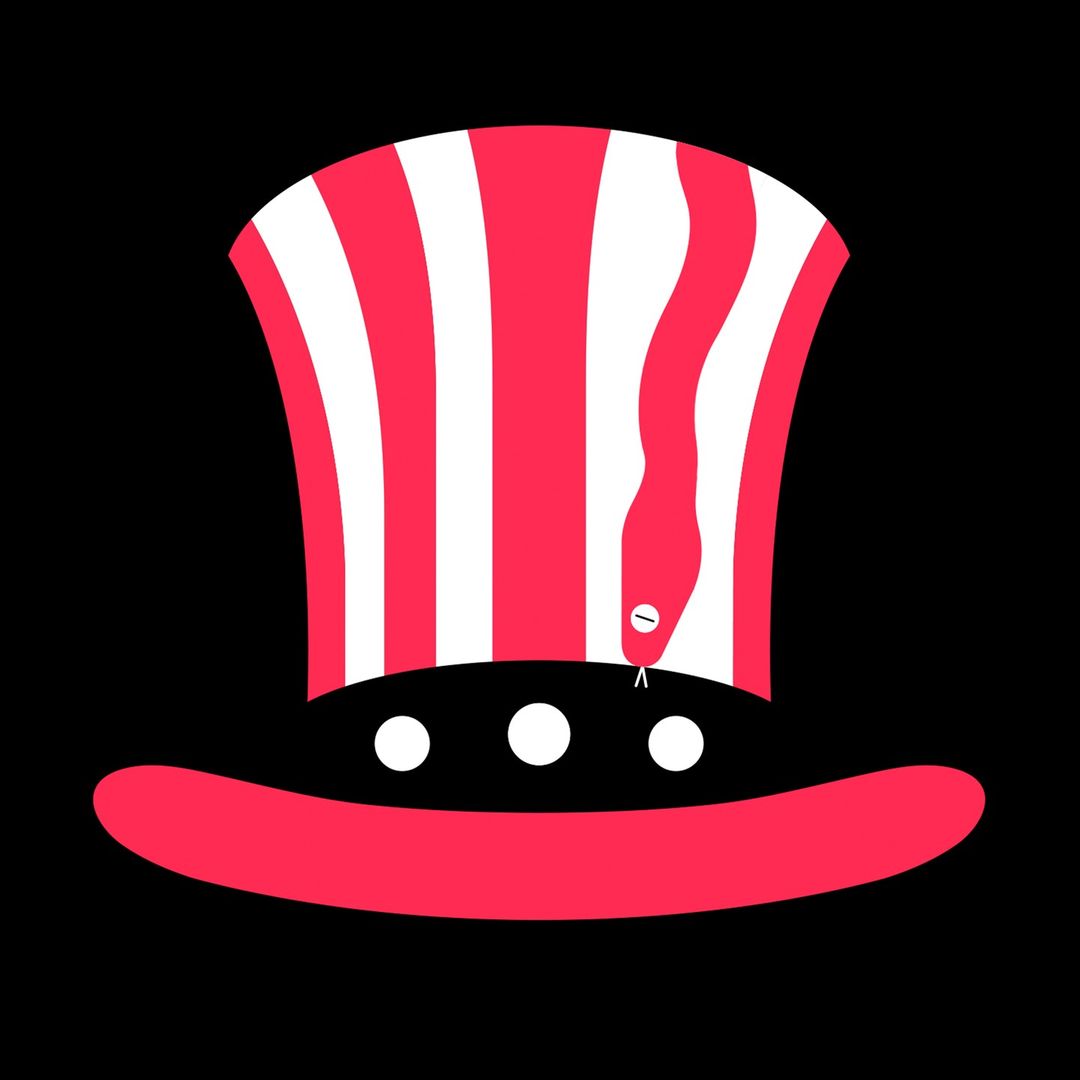 Whimsical illustration of a red and white striped hat with a coiled snake slithering down the side, set against a solid black backdrop.