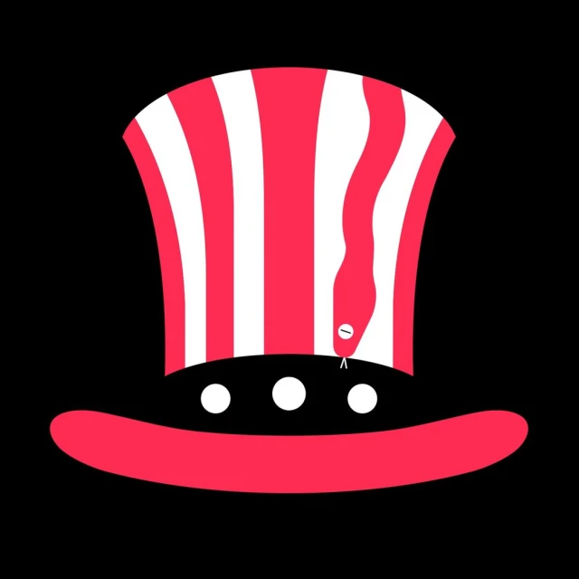 Whimsical illustration of a red and white striped hat with a coiled snake slithering down the side, set against a solid black backdrop.