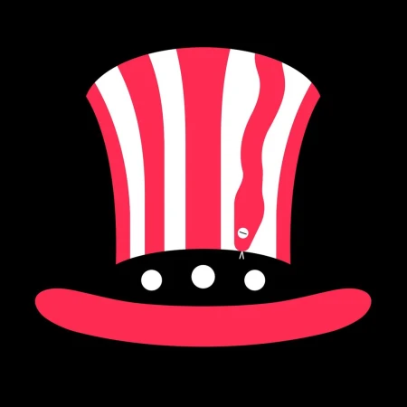 Whimsical illustration of a red and white striped hat with a coiled snake slithering down the side, set against a solid black backdrop.