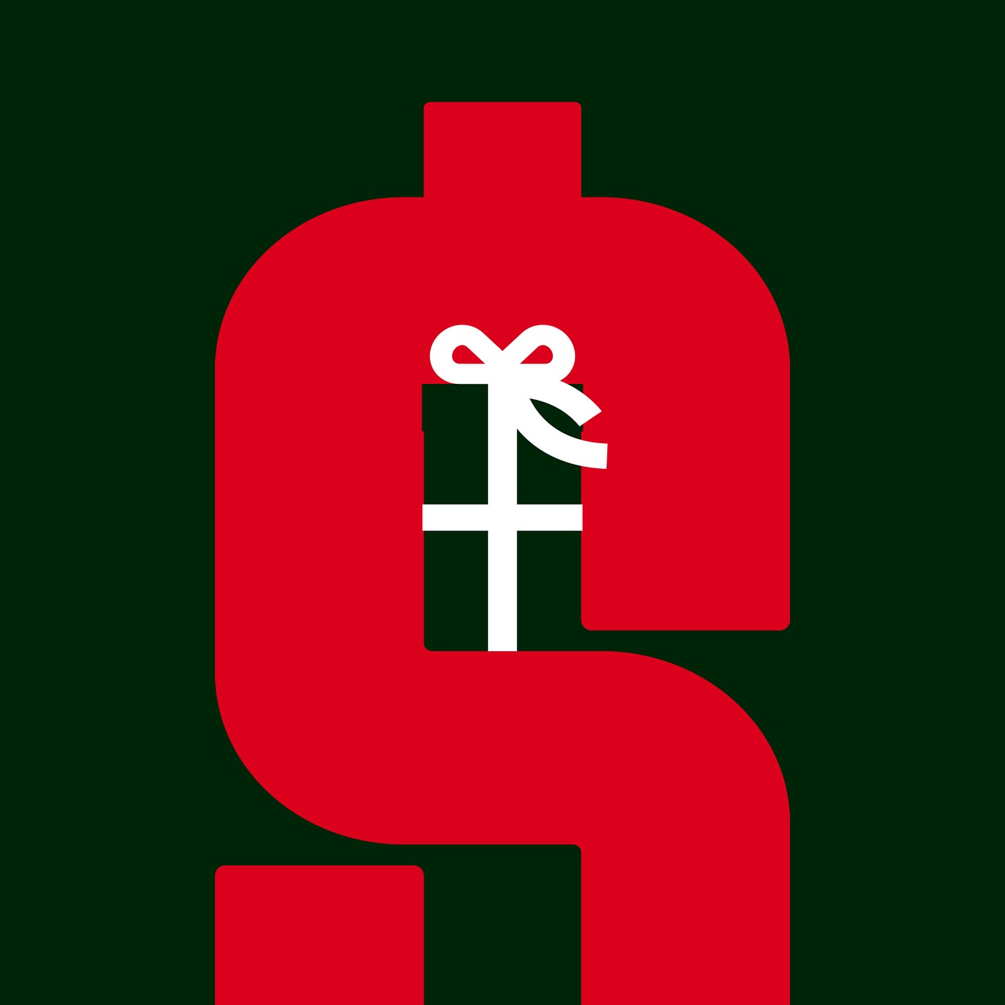 Illustration of a red graphic forming the shape of a dollar sign with a white present inside, set against a dark green backdrop.
