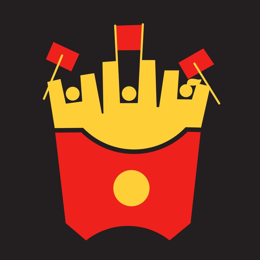 Stylized graphic illustration: French fries in a red container with yellow accents and small red flags on a black background.